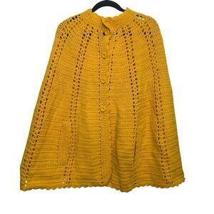 Hand Made Women's Yellow Hand Knit Button Front Cape - OS